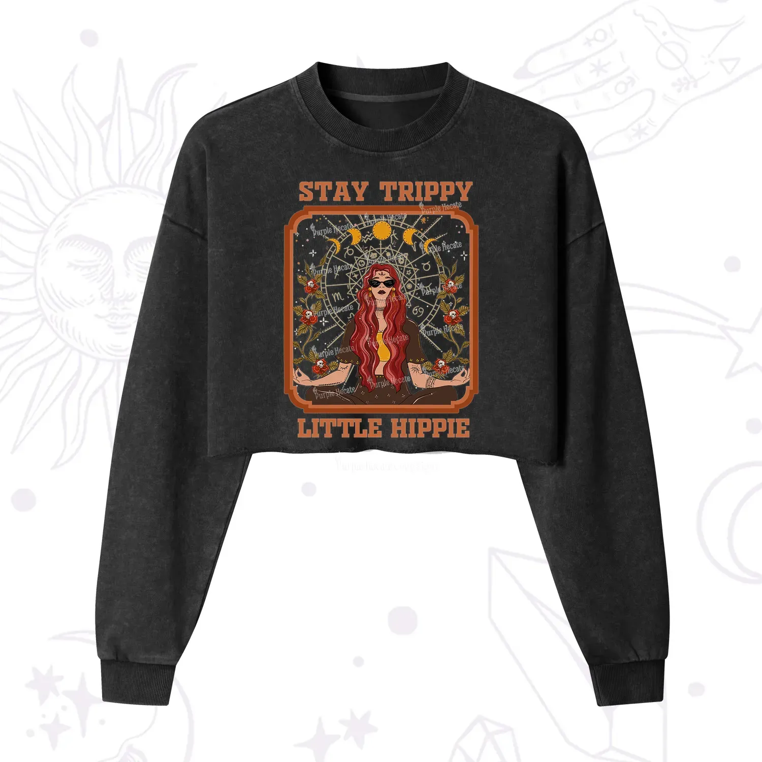Purplehecate Stay Trippy Little Witchy Hippie Cropped Washed Sweatshir