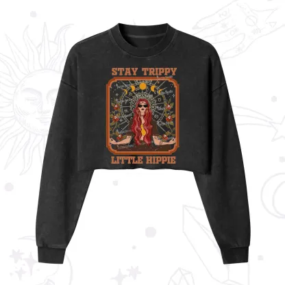 Purplehecate Stay Trippy Little Witchy Hippie Cropped Washed Sweatshirt