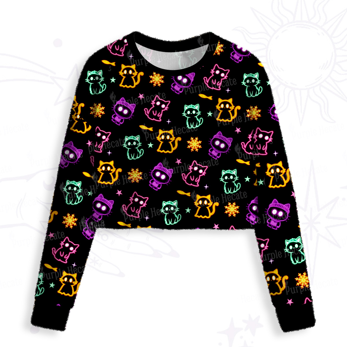 Purplehecate Neon Cat Party Crop Fuzzy Ugly Sweatshirt