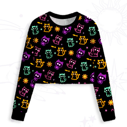 Purplehecate Neon Cat Party Crop Fuzzy Ugly Sweatshirt