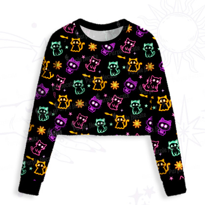 Purplehecate Neon Cat Party Crop Fuzzy Ugly Sweatshirt