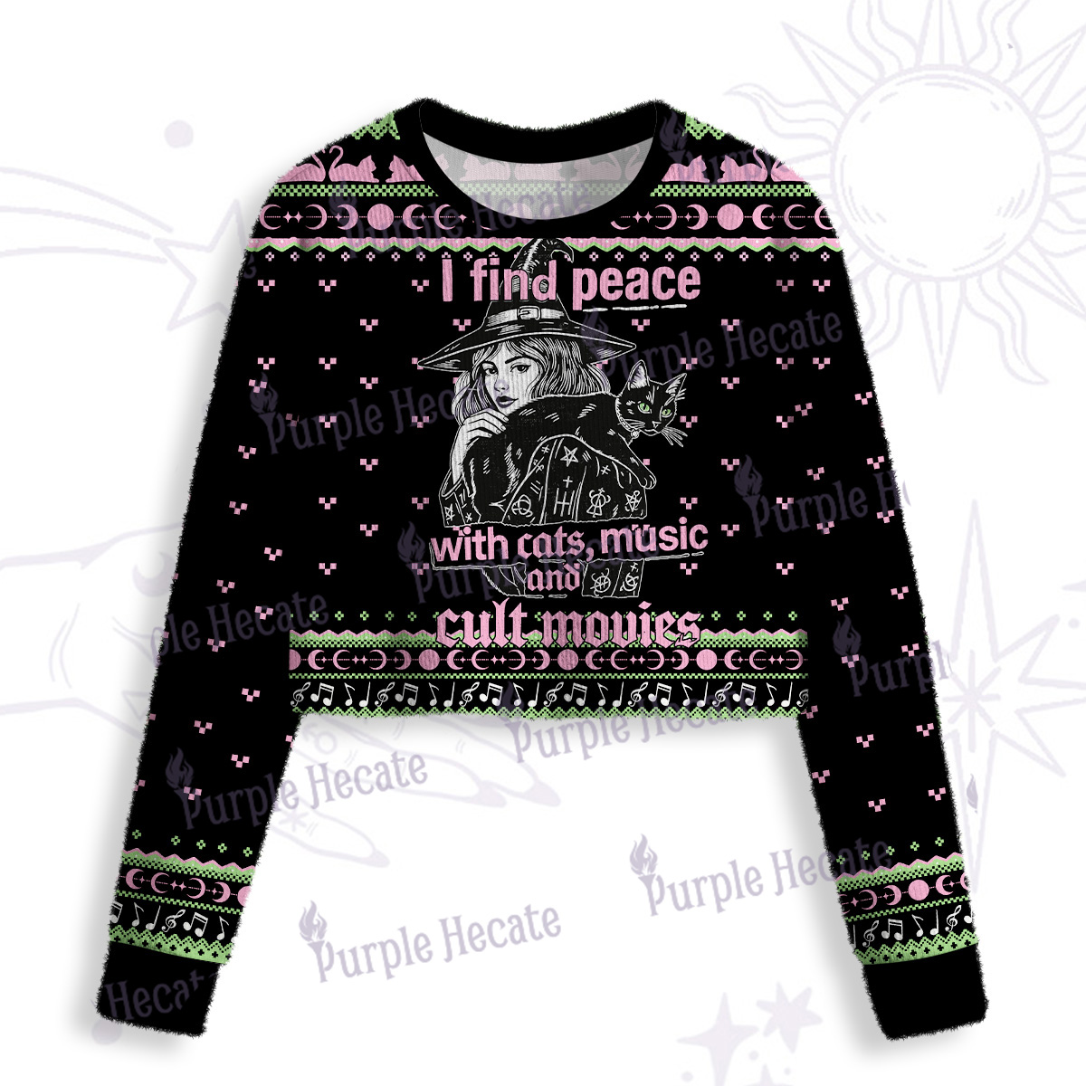 Purplehecate I Find Peace With Cats Music Cult Movies Crop Fuzzy Ugly Sweatshirt