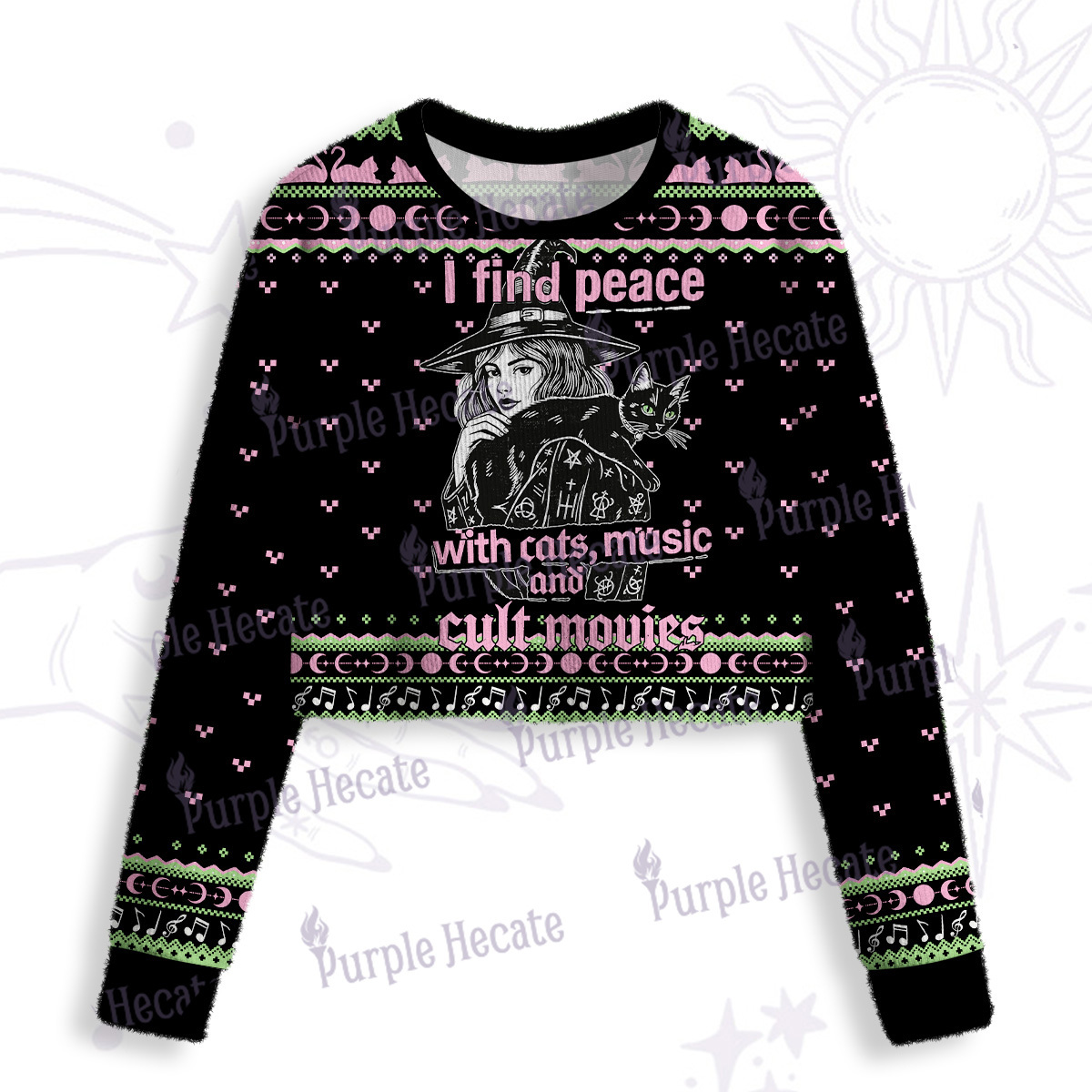 Purplehecate I Find Peace With Cats Music Cult Movies Crop Fuzzy Ugly Sweatshirt