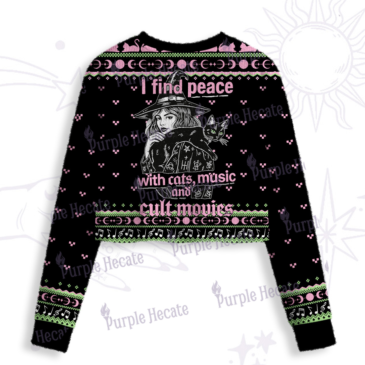 Purplehecate I Find Peace With Cats Music Cult Movies Crop Fuzzy Ugly Sweatshirt