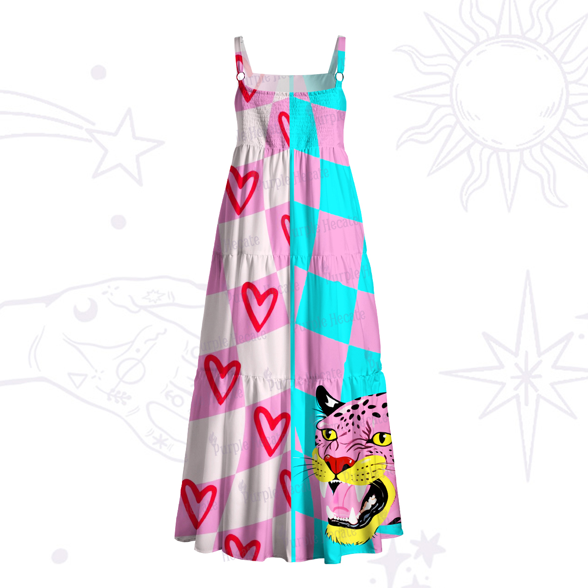 Purplehecate Savage Leopard Evil Eye Wide Straps Maxi Dress