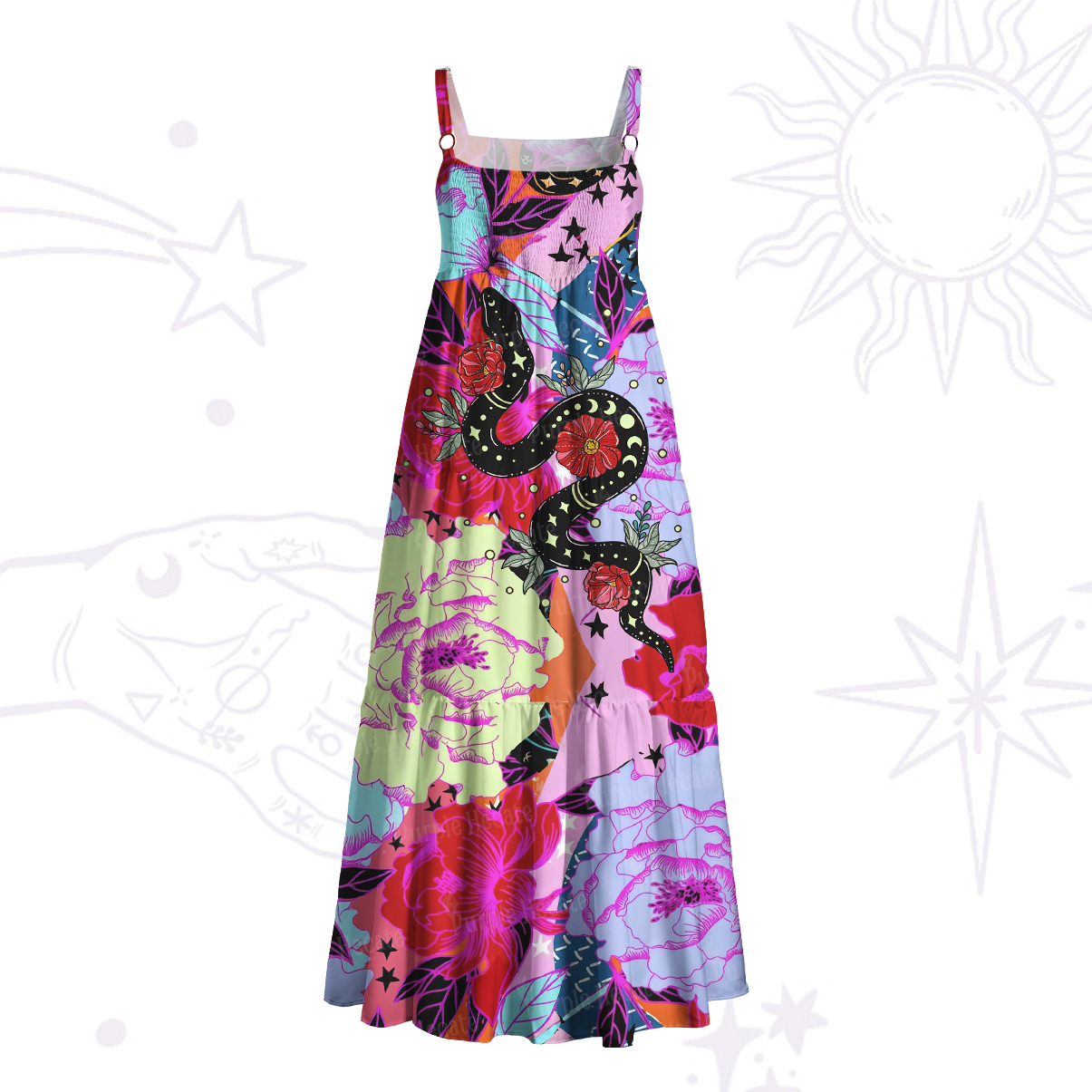 Purplehecate Enchanted Black Serpent & Floral Pattern Wide Straps Maxi Dress