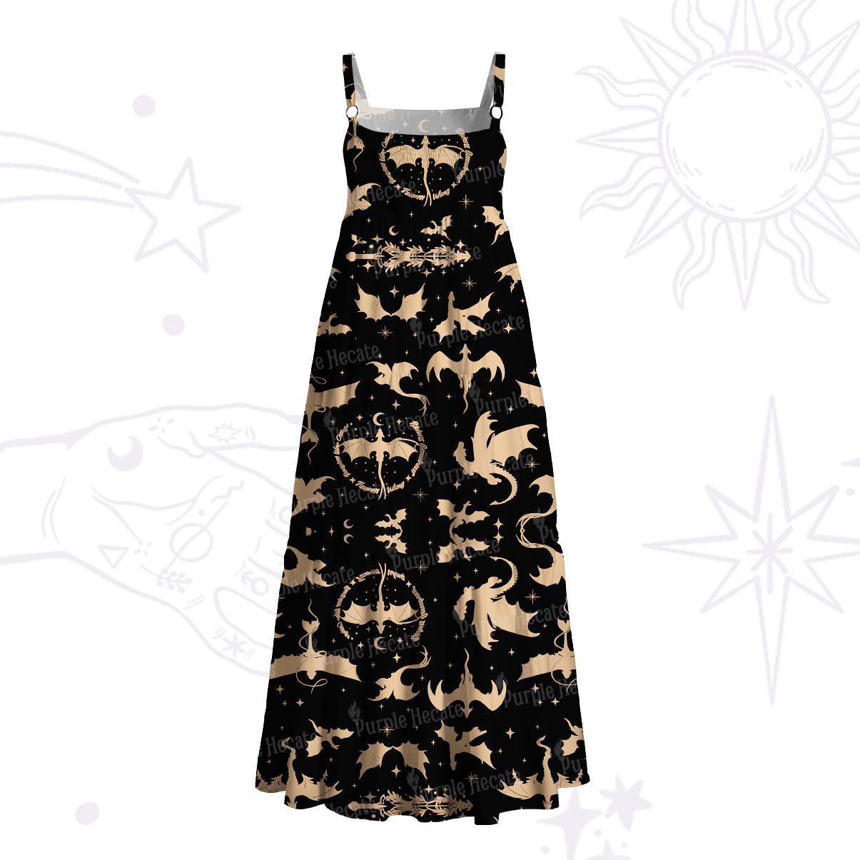 Purplehecate Fantasy Dragon Allover Wide Straps Maxi Dress