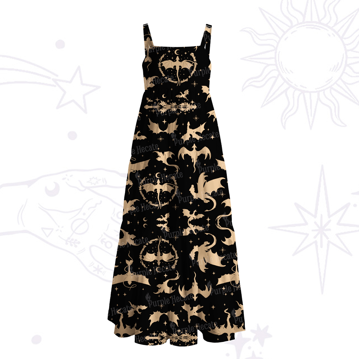 Purplehecate Fantasy Dragon Allover Wide Straps Maxi Dress