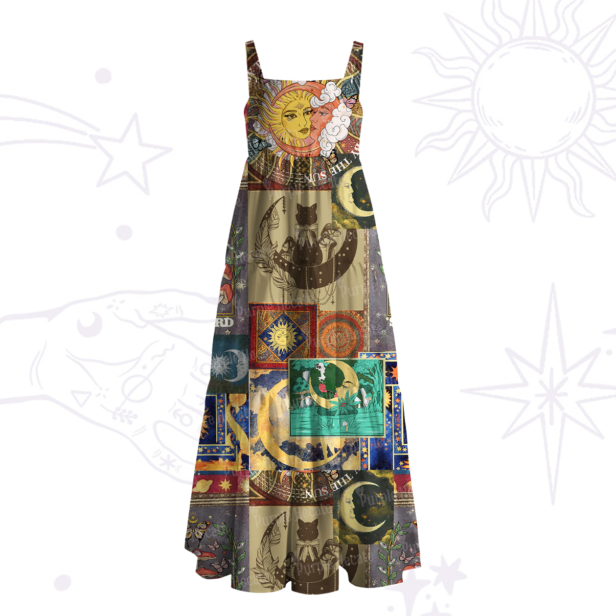 Purplehecate Starry Moon Patchwork for Cosmic Lovers Wide Straps Maxi Dress