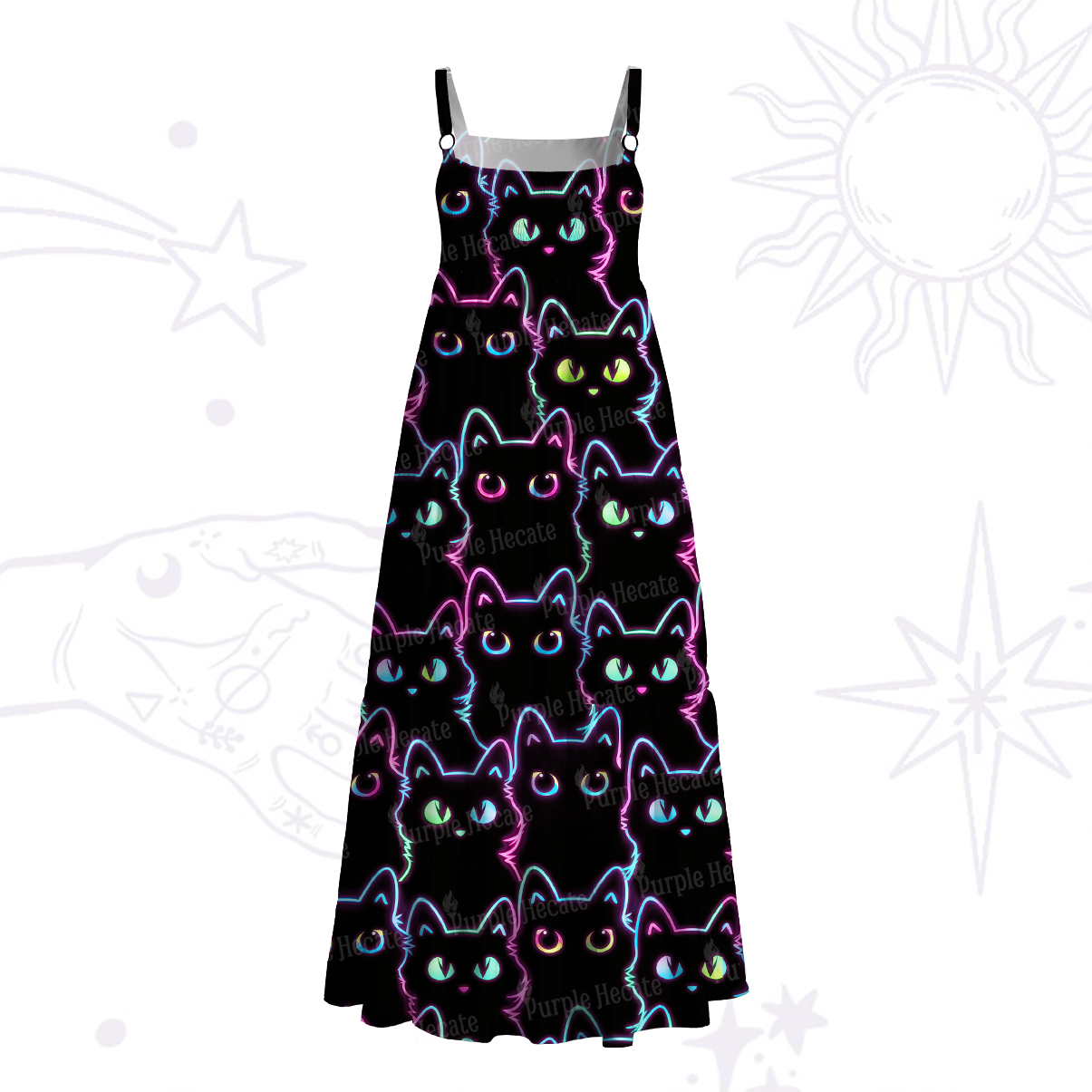 Purplehecate Neon Glow Stacked Cats Wide Straps Maxi Dress