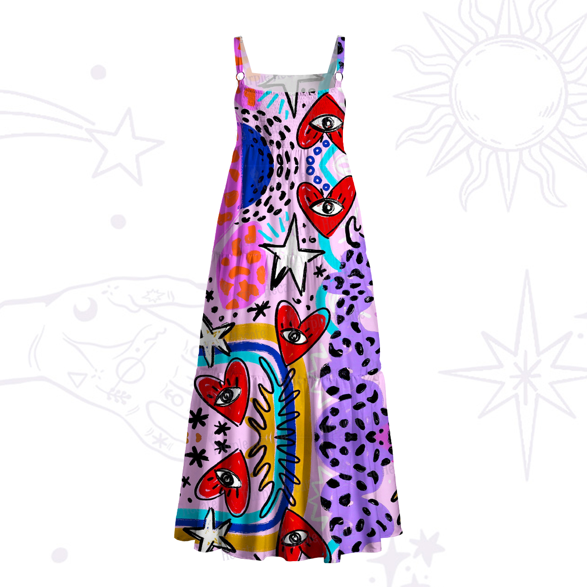 Purplehecate Cosmic Love Eyes Graffiti Wide Straps Maxi Dress