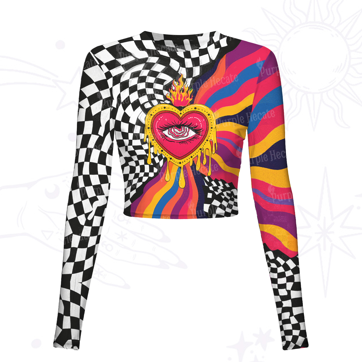 Purplehecate Trippy Rainbow Heart Eye Mesh Long Sleeve Crop Top