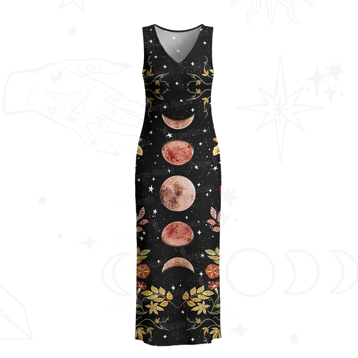 Purplehecate Moon Phase Floral Crochet Knit Maxi Dress