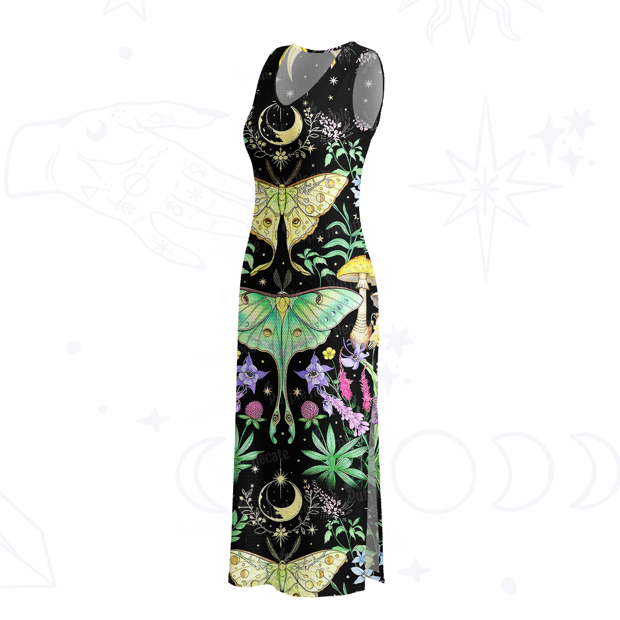 Purplehecate Mystic Lunar Moth Herbal Forest Crochet Knit Maxi Dress