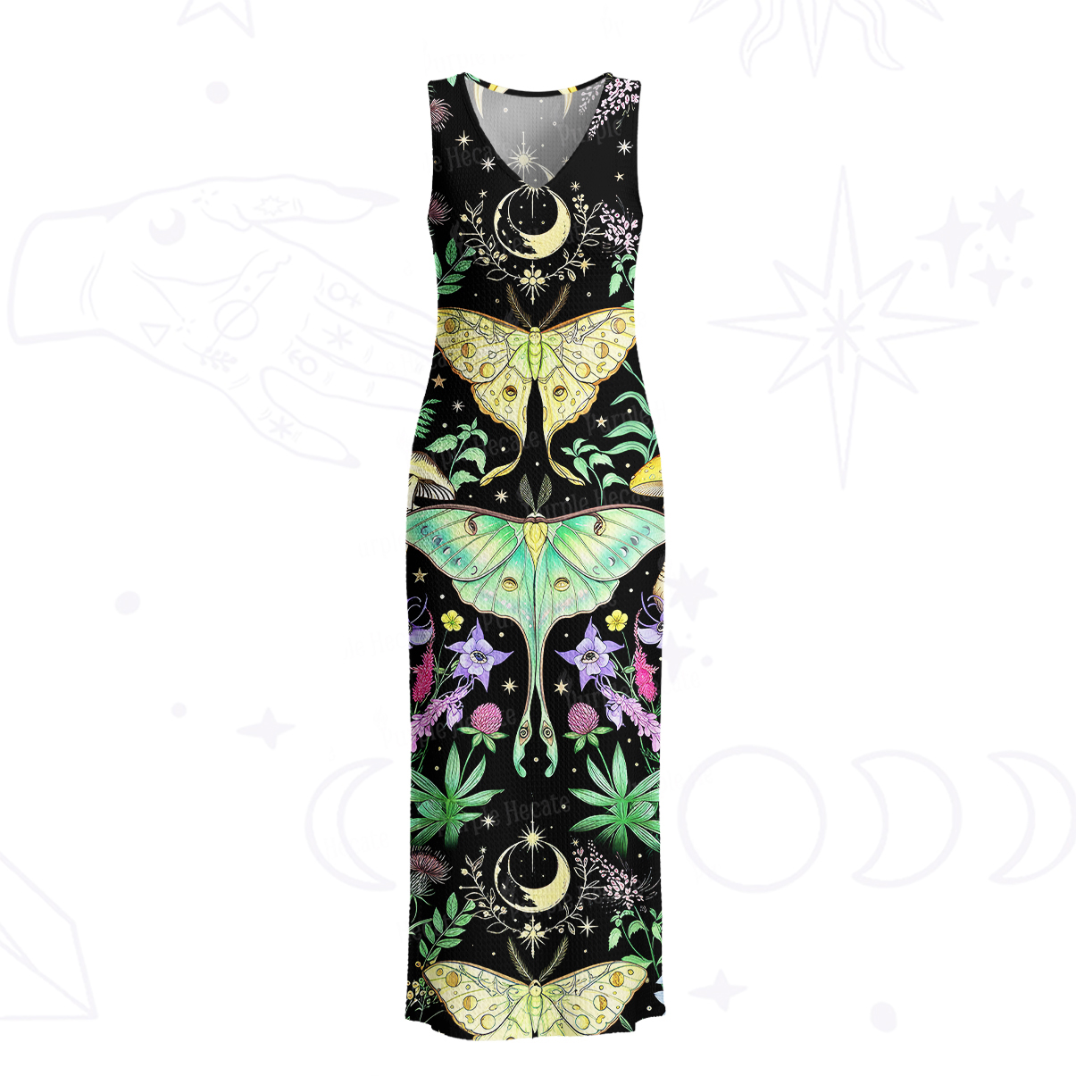 Purplehecate Mystic Lunar Moth Herbal Forest Crochet Knit Maxi Dress
