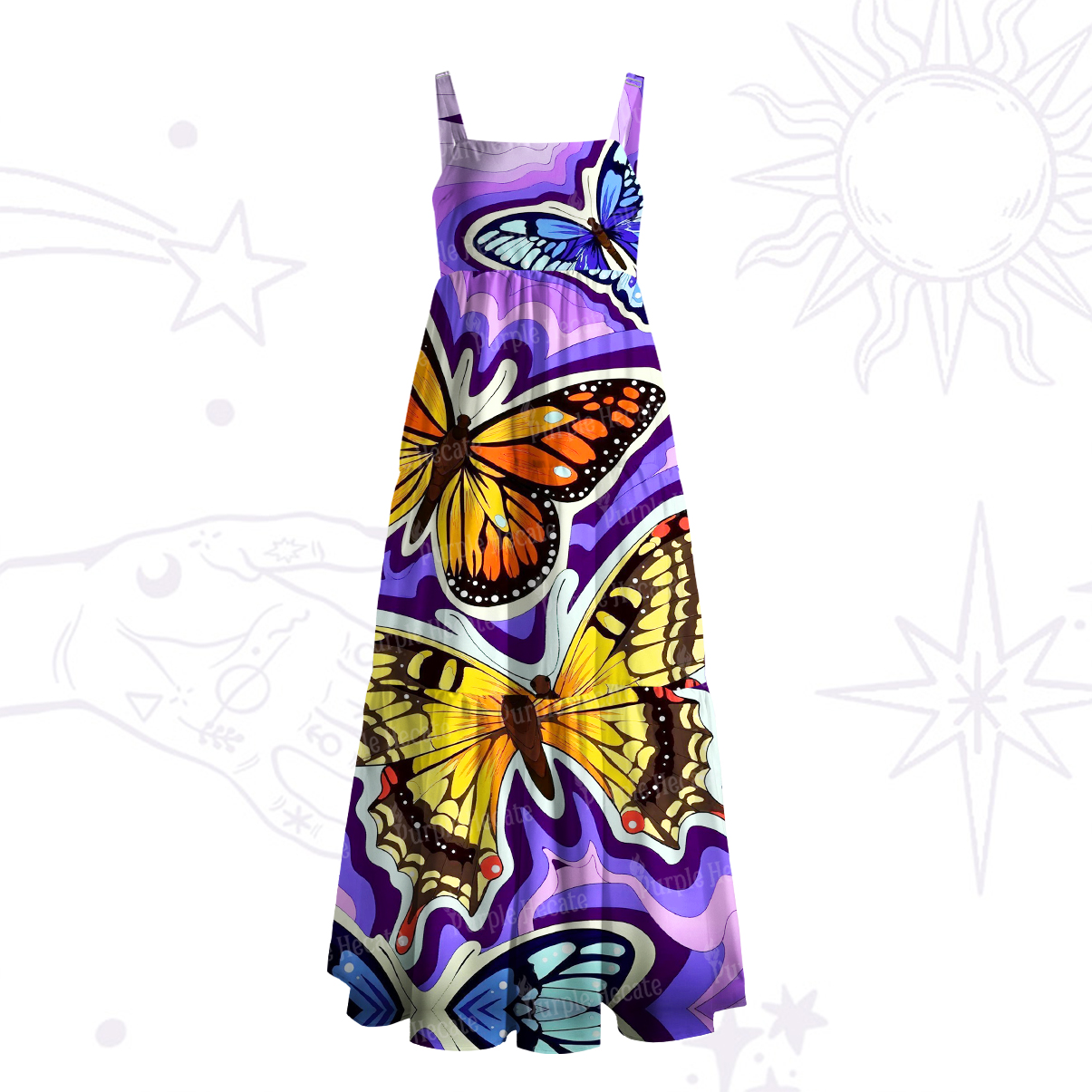 Purplehecate Psychedelic Butterfly Wide Straps Maxi Dress