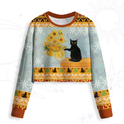 Purplehecate Sunflower Cat Crop Fuzzy Ugly Sweatshirt