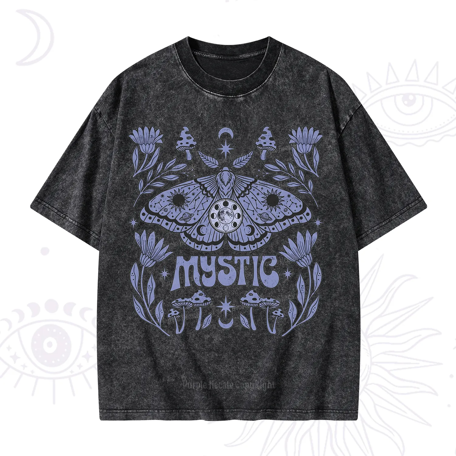 Purplehecate Celestial Moth Mushrooms Washed T-Shirt