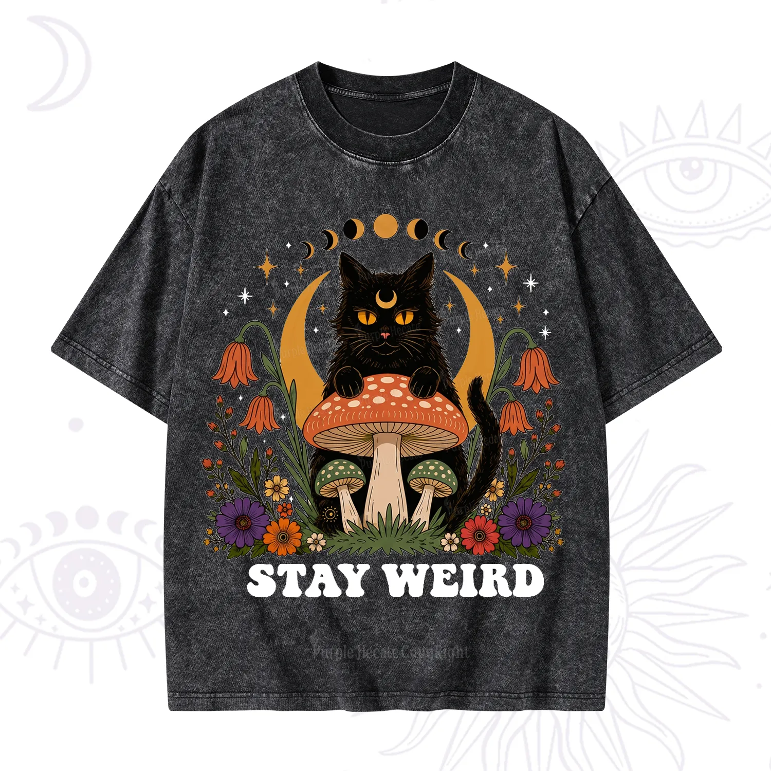 Purplehecate Stay Weird Black Cat Washed T-Shirt