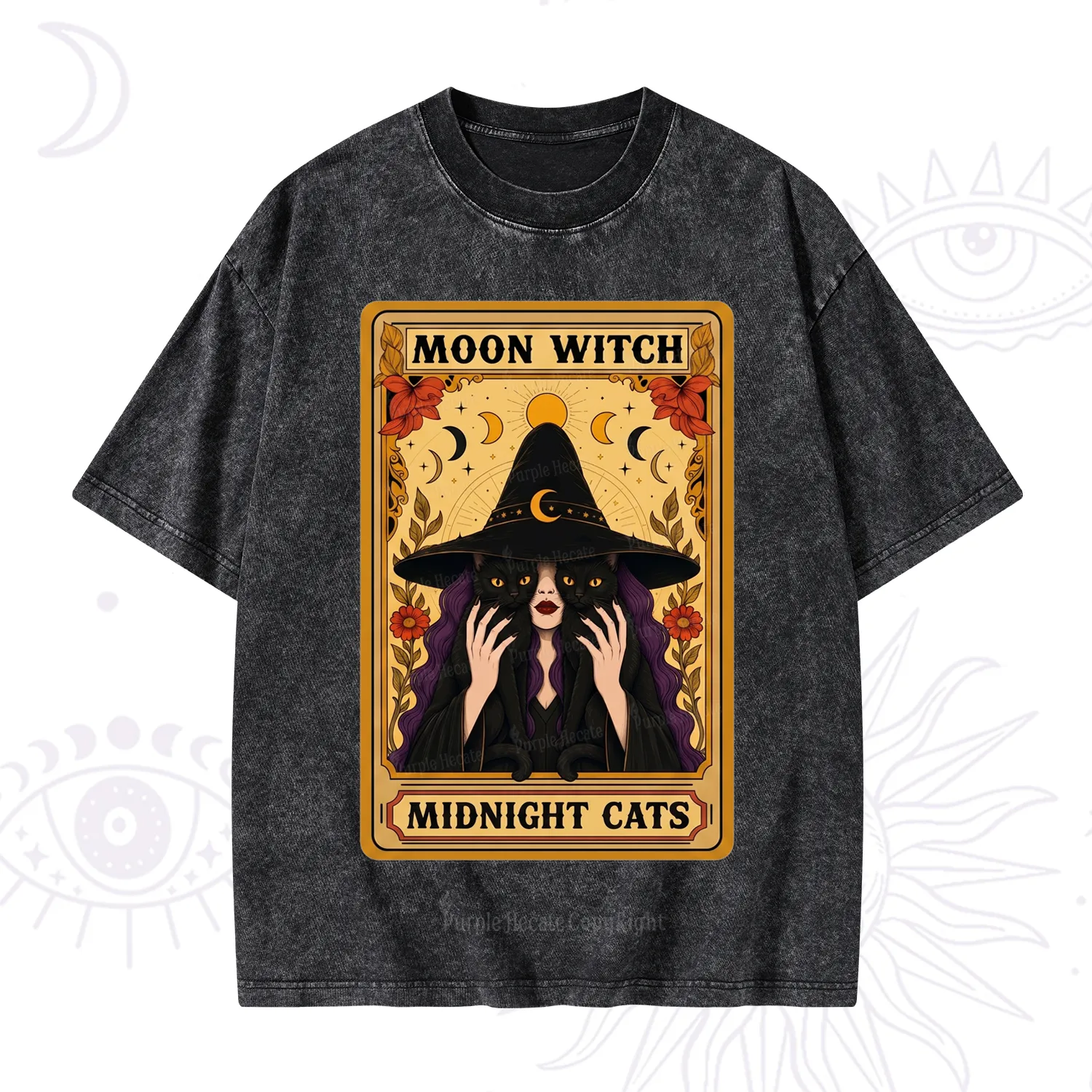 Purplehecate The Moon Witch Midnight Cats Oracle Card Washed T-Shirt