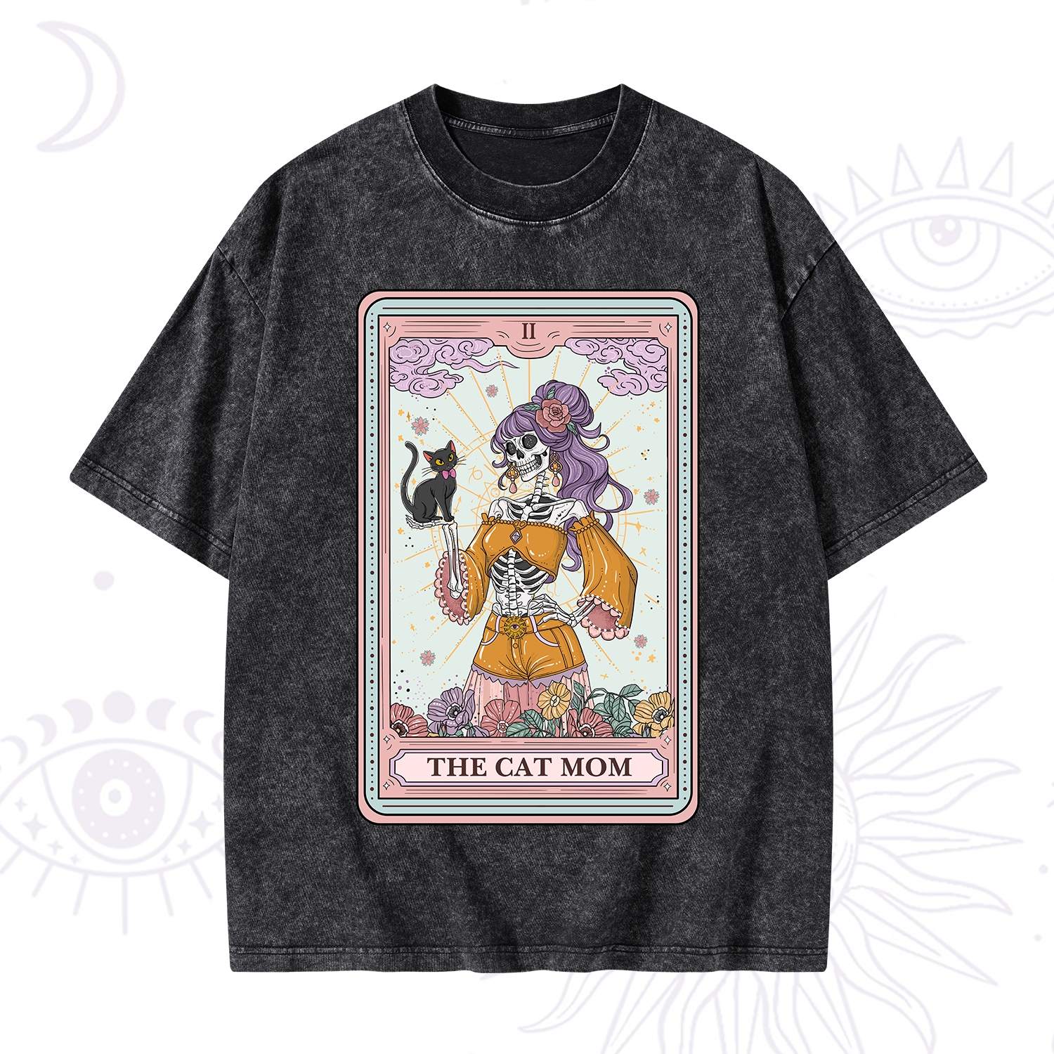 Purplehecate The Skeleton Cat Mom Tarot Card Washed T-Shirt