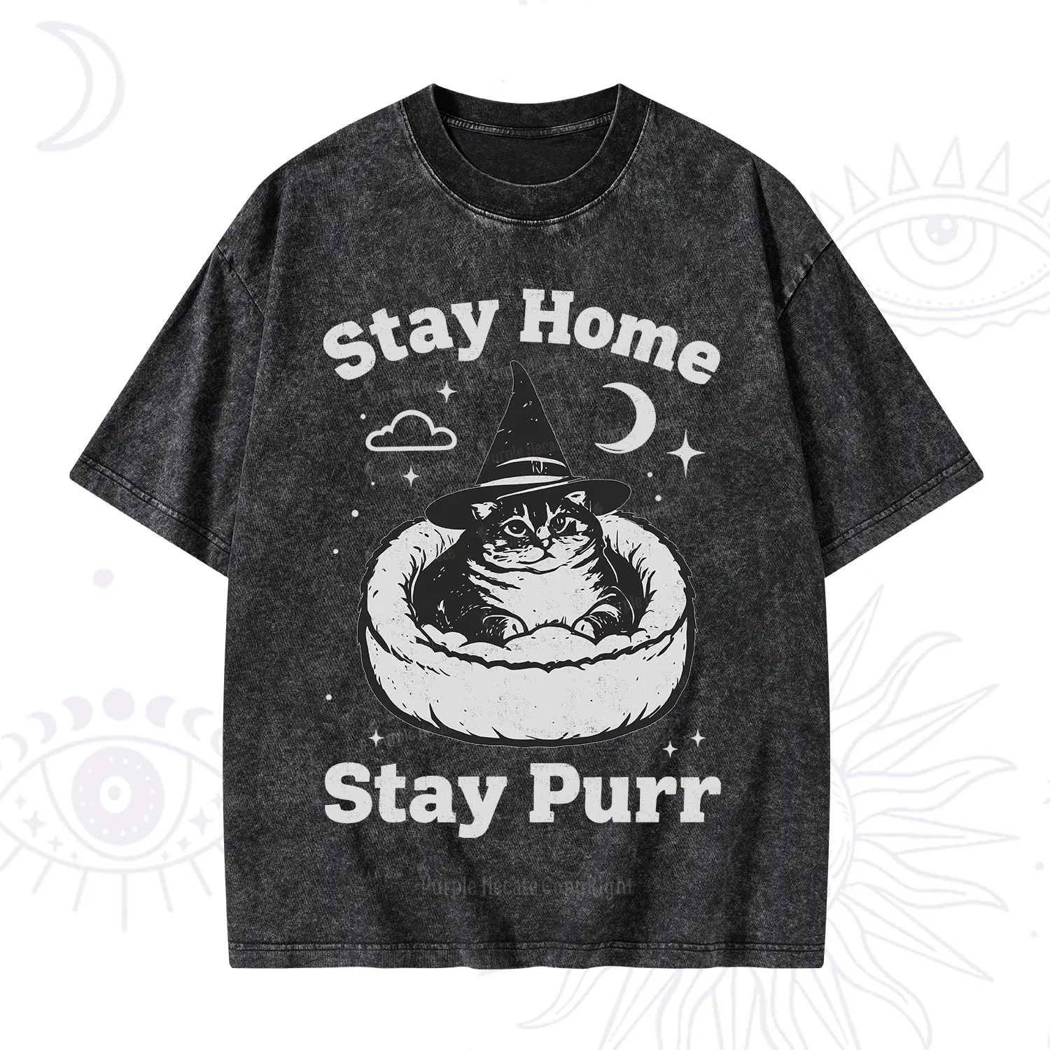 Purplehecate Stay Home Stay Purr Witch Cat Washed T-Shirt