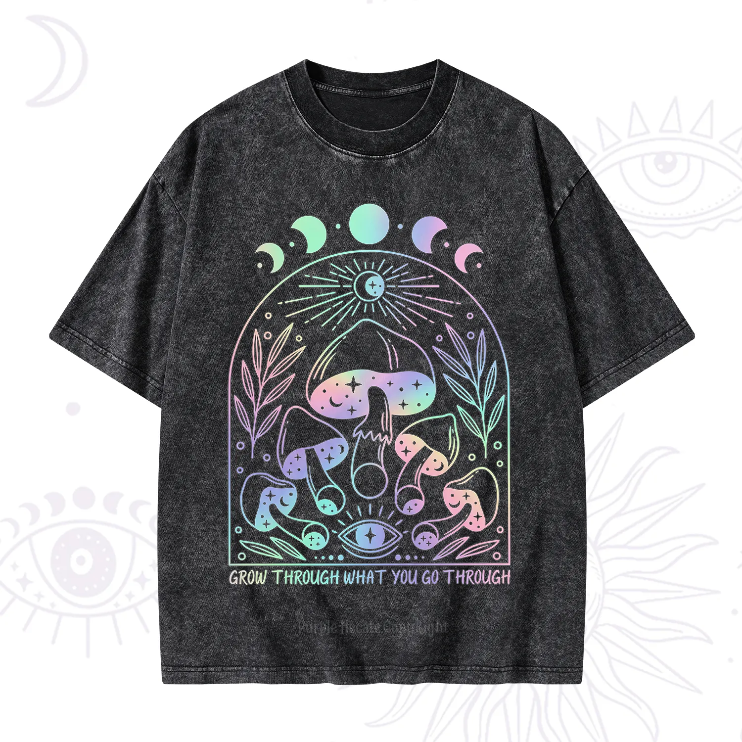 Purplehecate Moon Phases Mushroom Washed T-Shirt