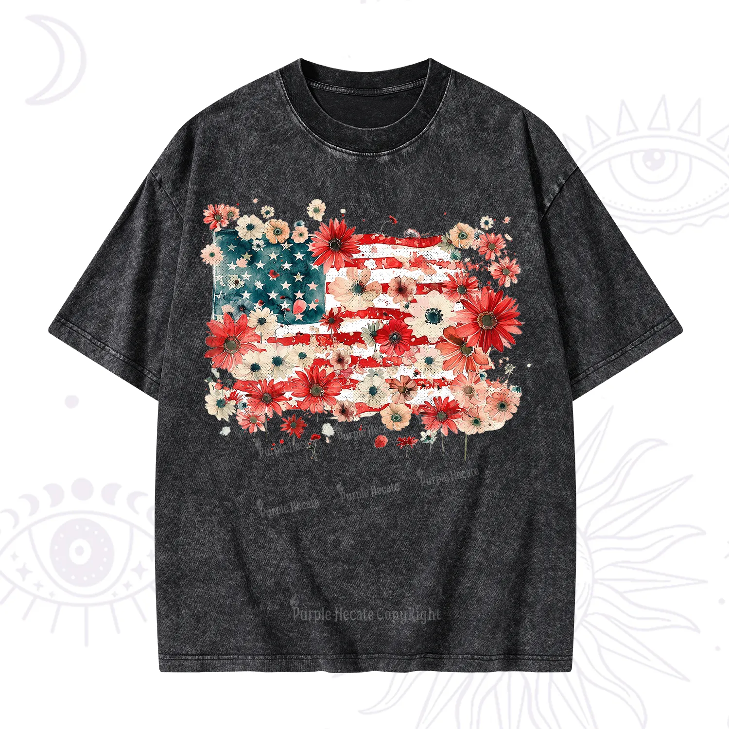 Purplehecate Floral American Flag Washed T-Shirt