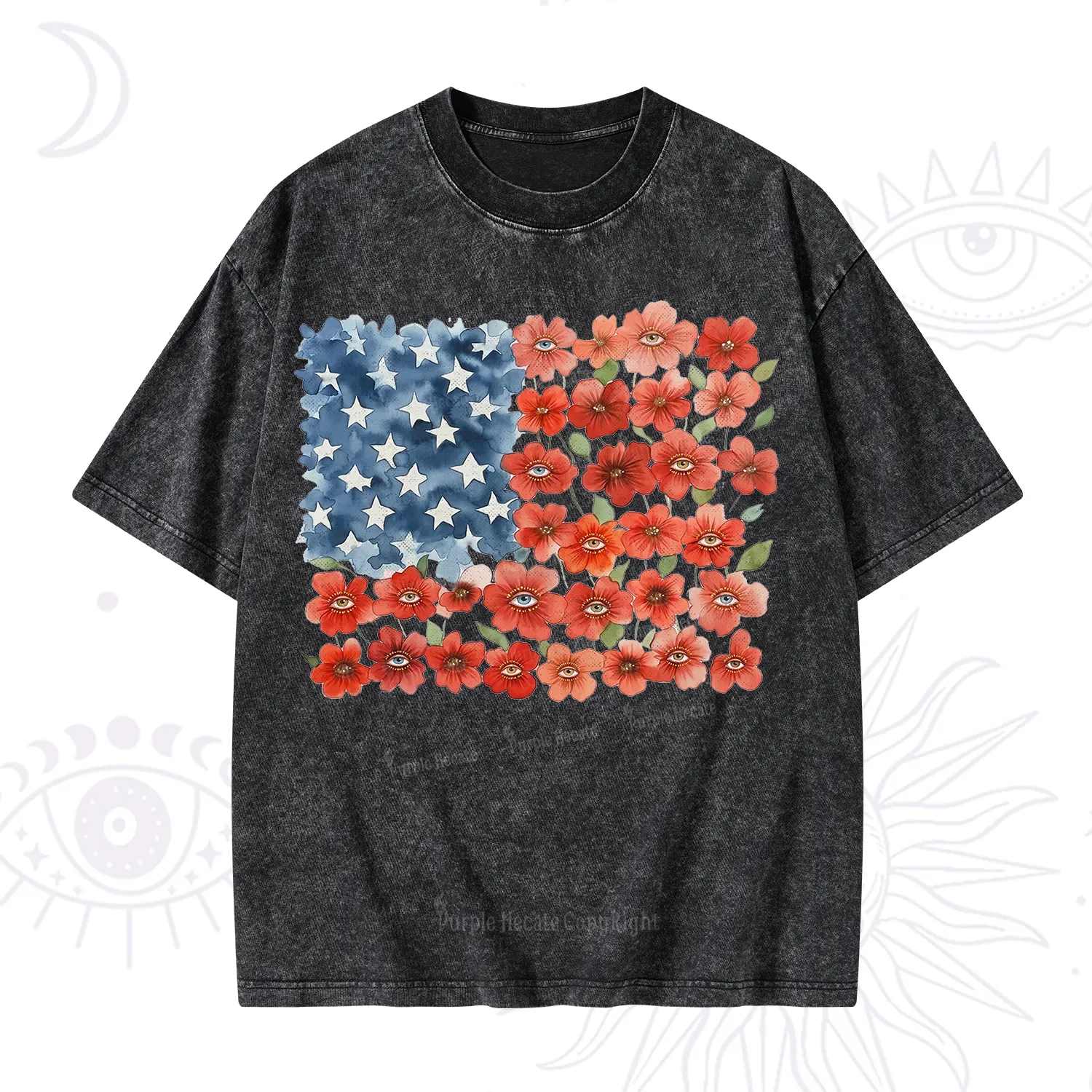 Purplehecate Floral Watercolor American Flag Washed T-Shirt