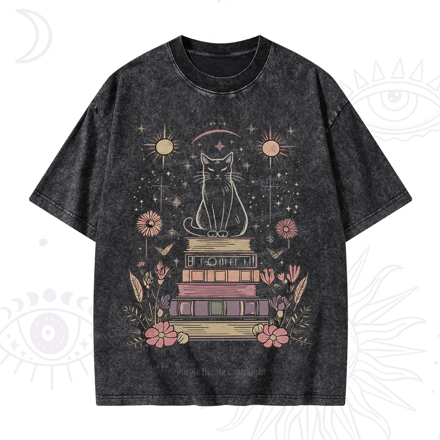Purplehecate Mystical Cat Reading a Witchy Book Washed T-Shirt