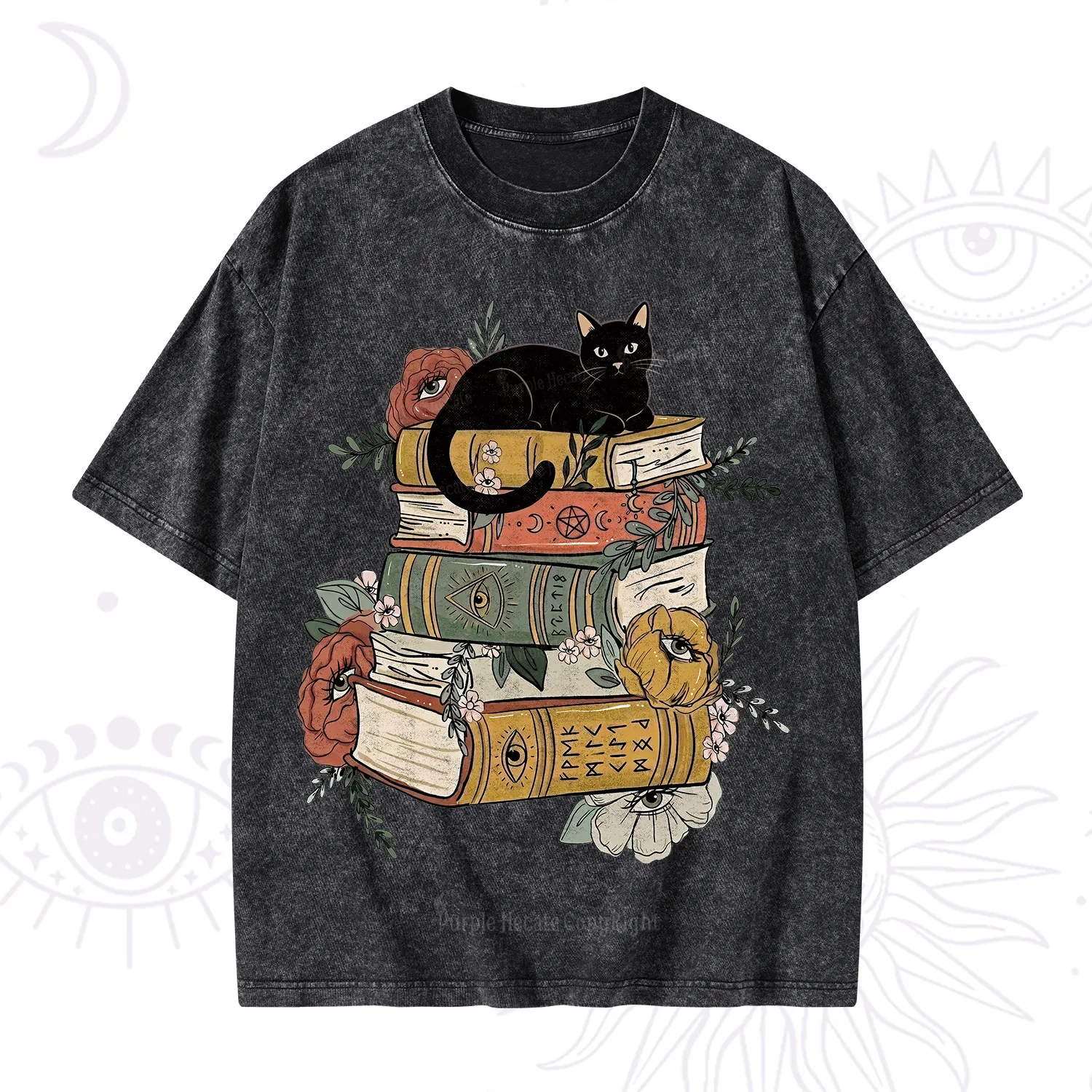 Purplehecate Black Cat on Books Washed T-Shirt