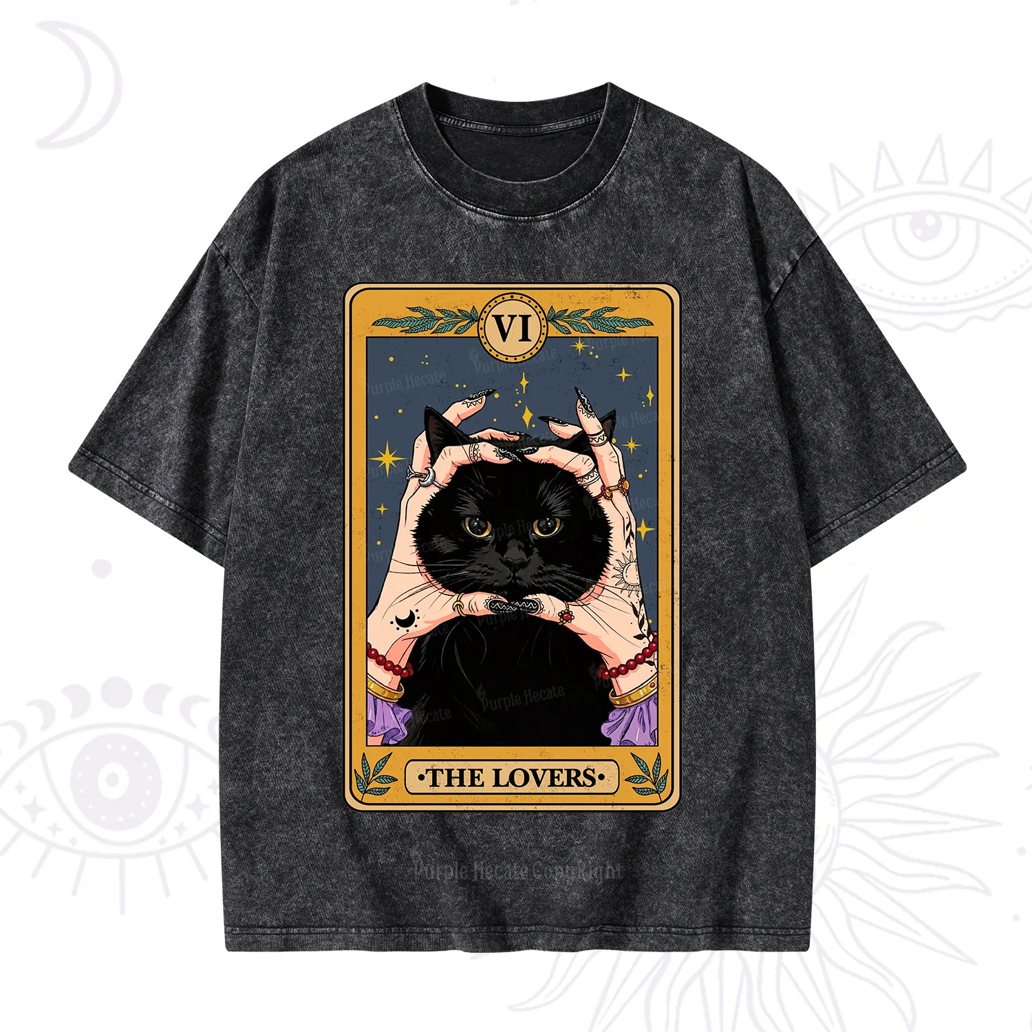 Purplehecate Black Cat The Lovers Tarot Card Washed T-Shirt