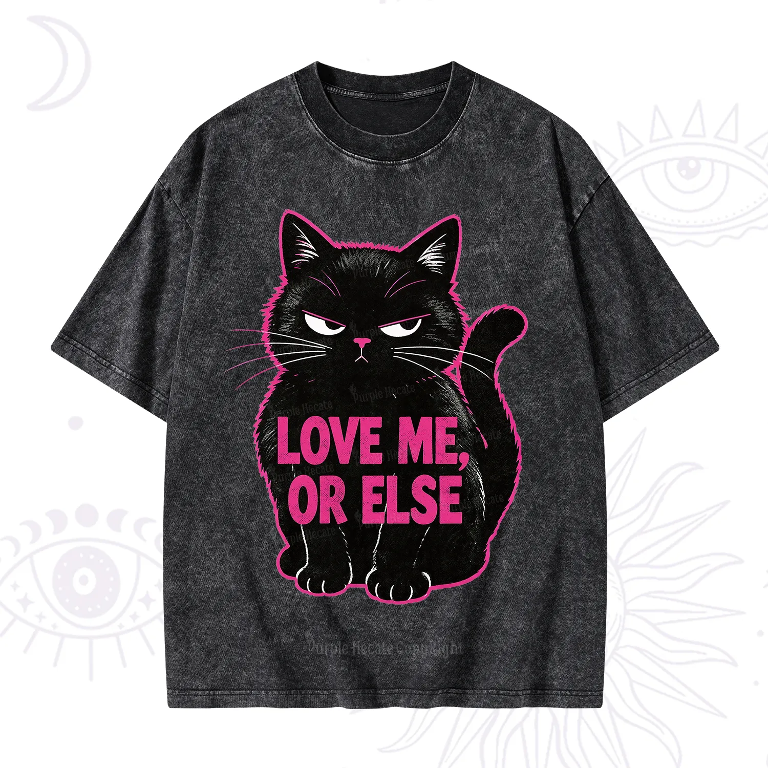 Purplehecate Grumpy Black Cat Love Me or Else Washed T-Shirt