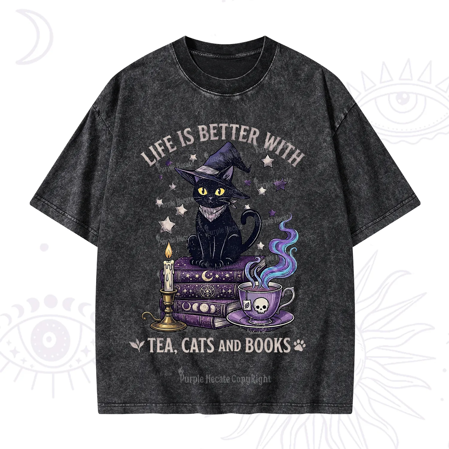 Purplehecate Life Is Better With Cats And Books Washed T-Shirt
