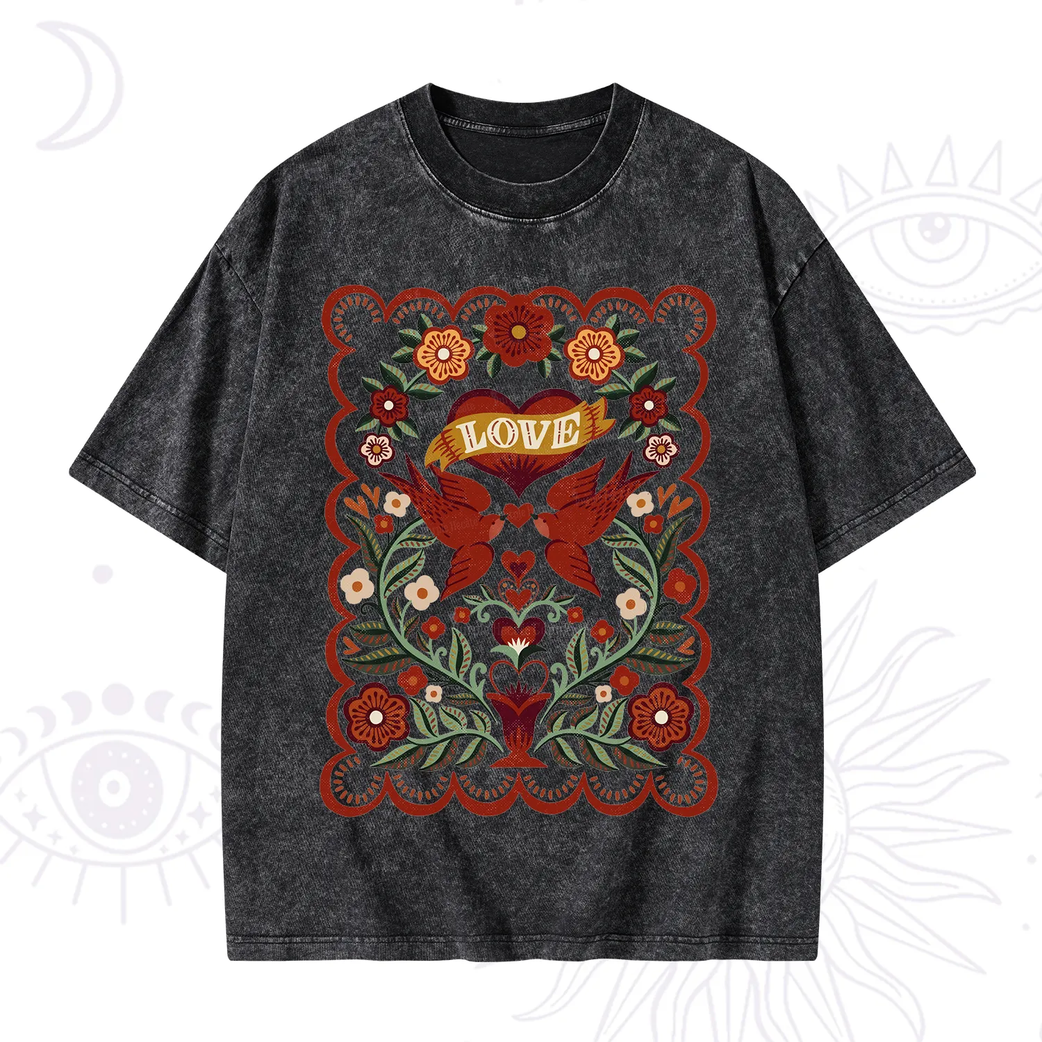 Purplehecate Folk Love Birds Floral Washed T-Shirt