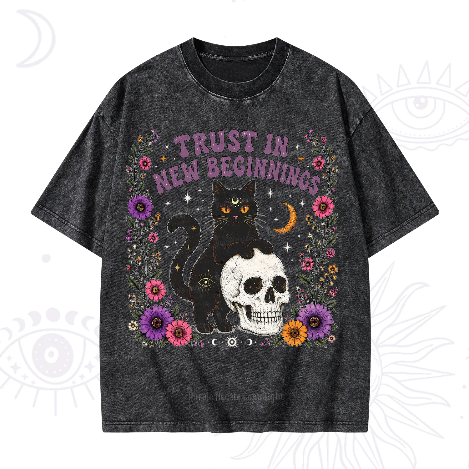 Purplehecate Trust in New Beginnings Black Cat Washed T-Shirt