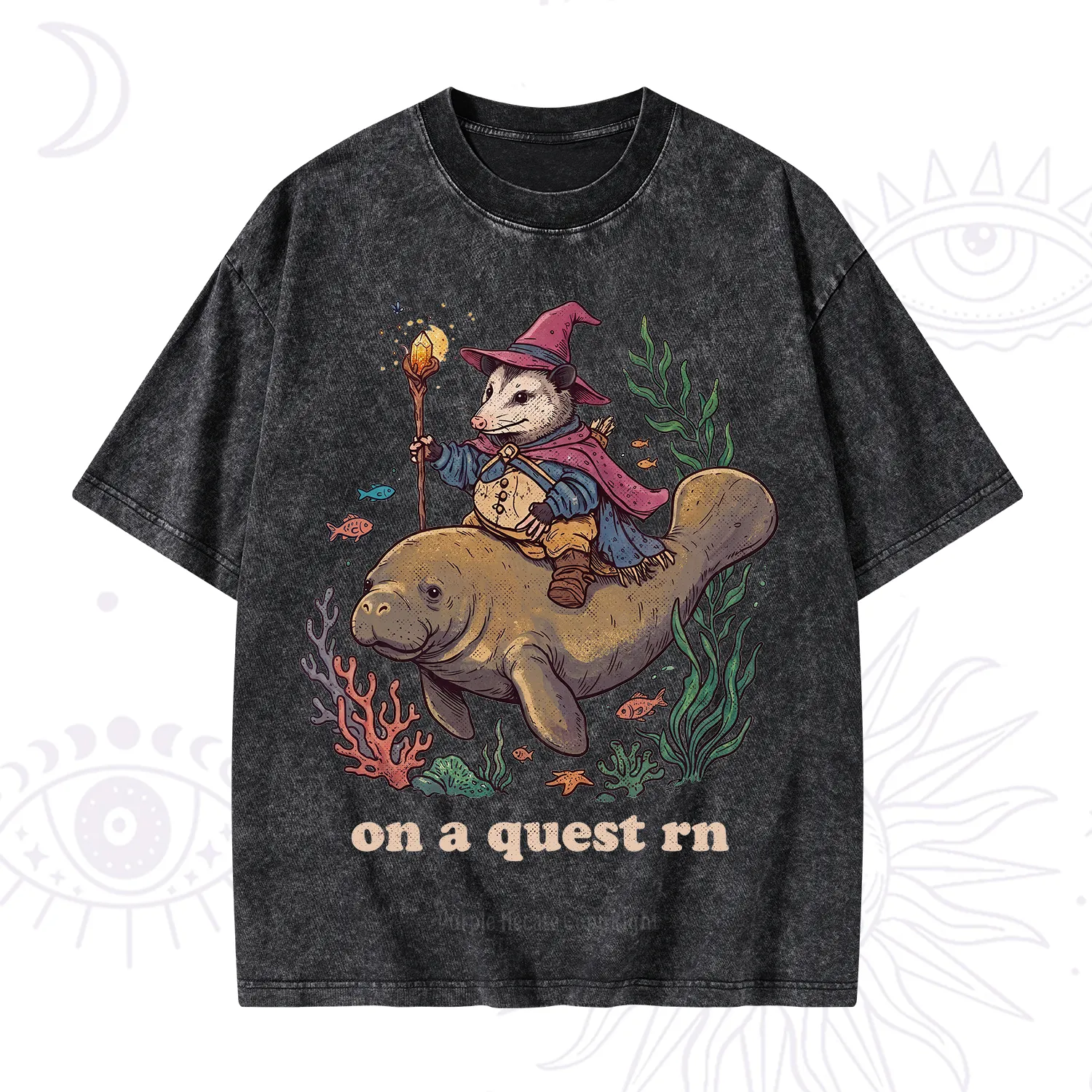 Purplehecate Opossum Wizard on Sea Quest Washed T-Shirt