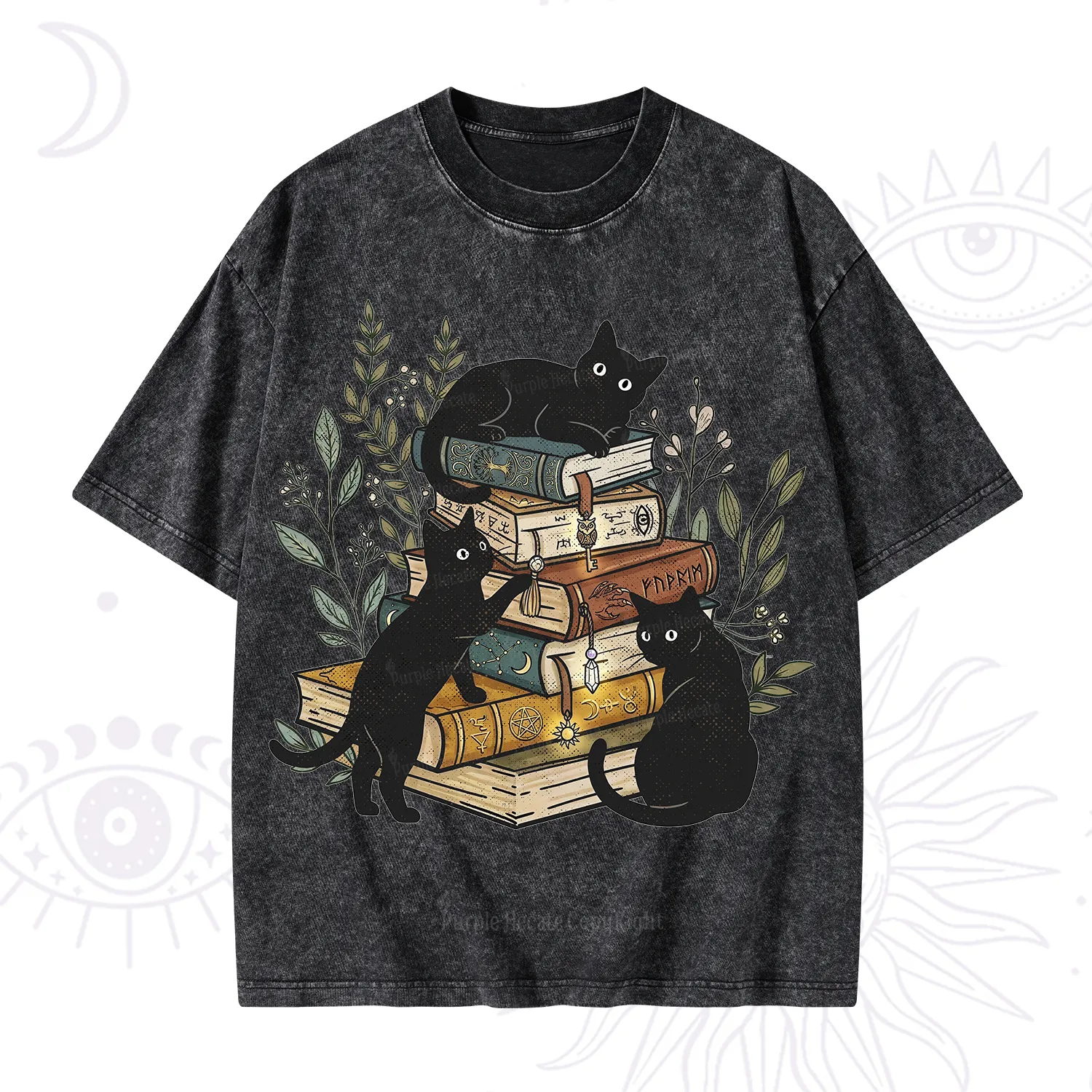 Purplehecate Enchanted Library Three Black Cats Washed T-Shirt