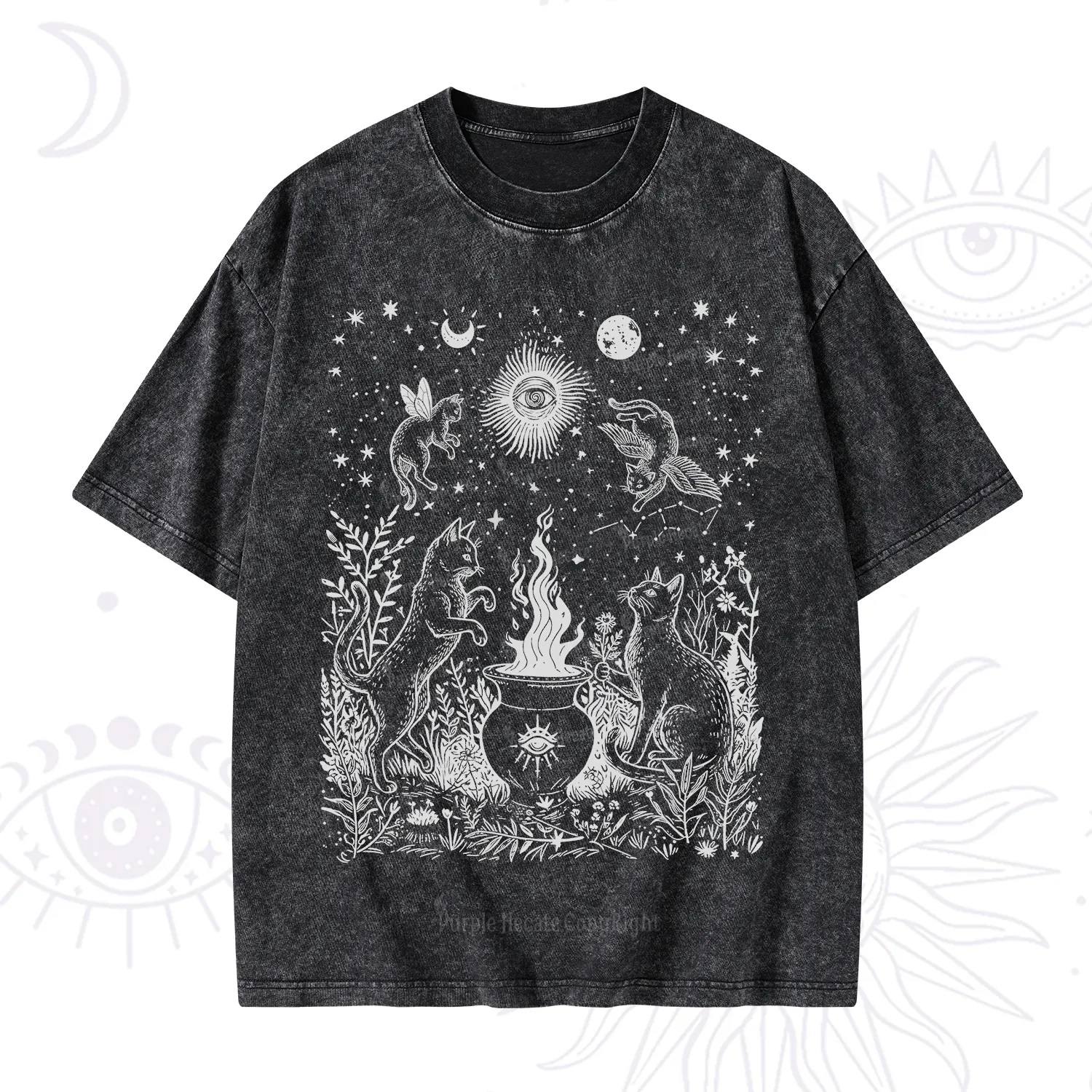 Purplehecate Midnight Meowgic Moon Ritual Washed T-Shirt