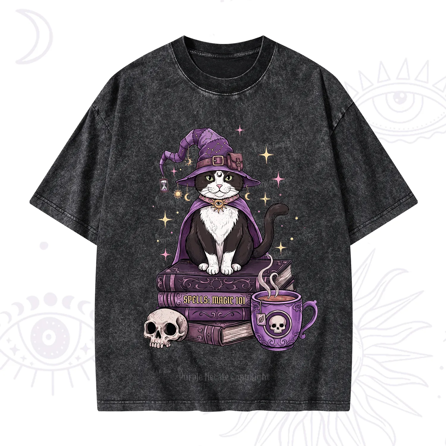 Purplehecate Witchy Cat Spell Books Washed T-Shirt