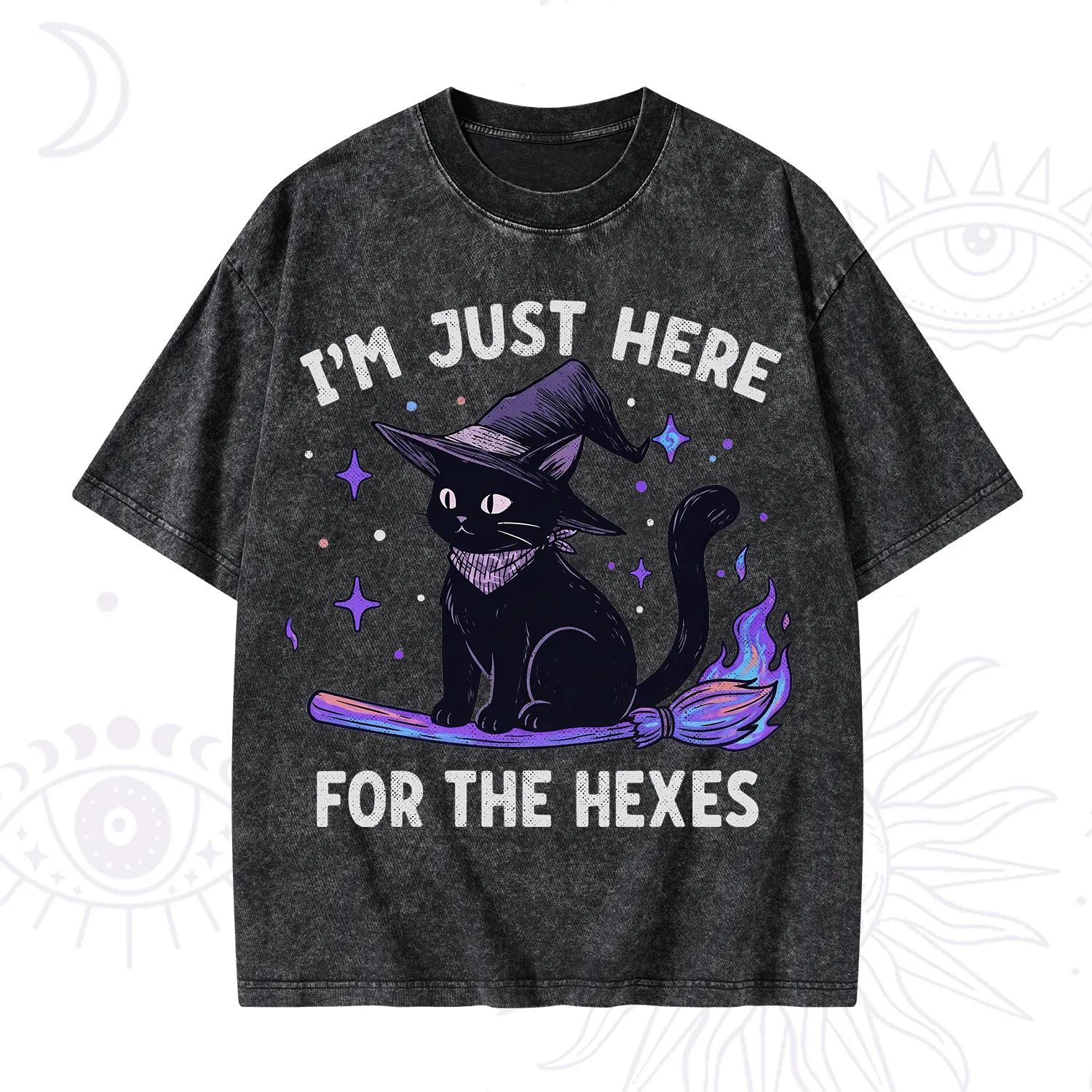Purplehecate I'm Just Here for the Hexes Witch Cat Washed T-Shirt