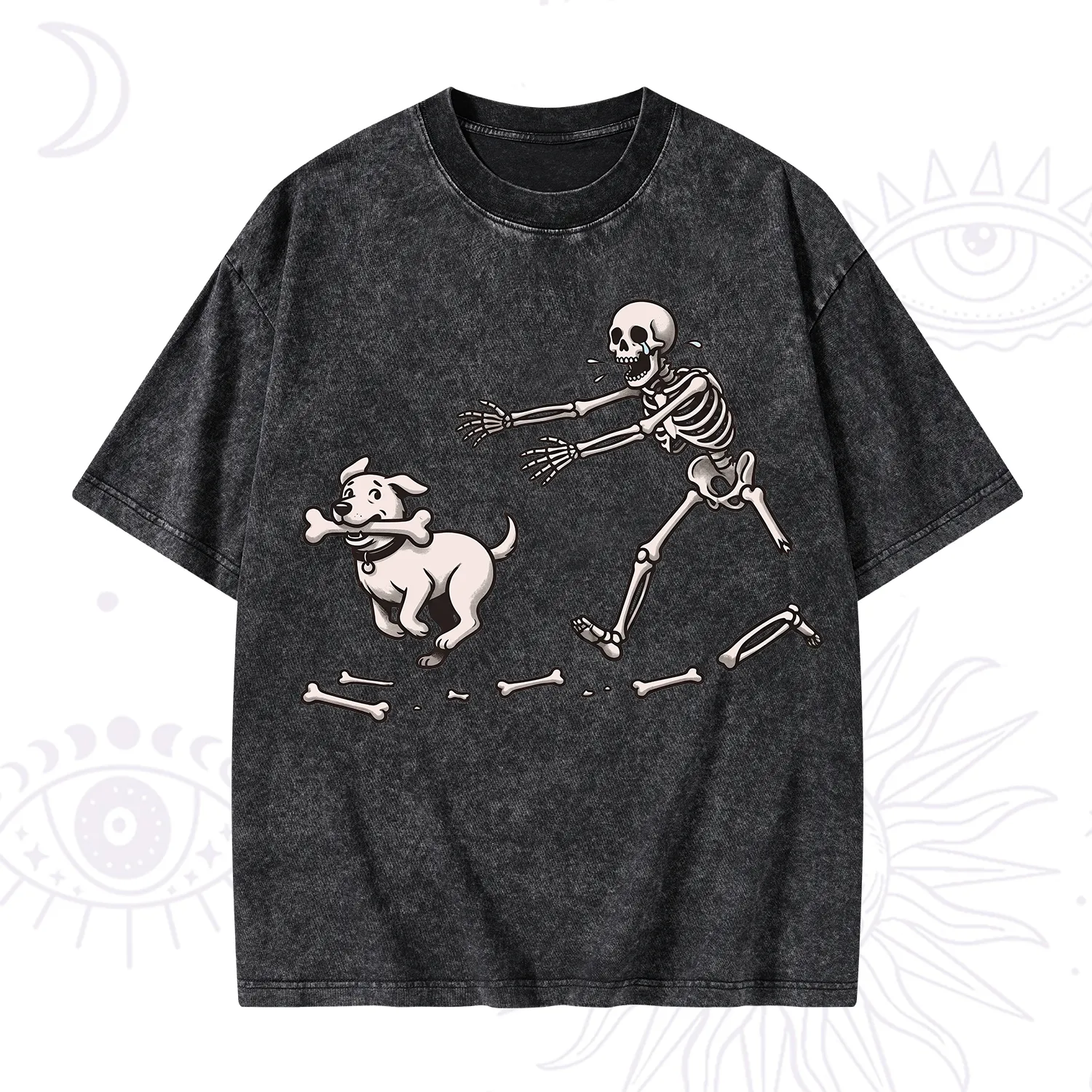 Purplehecate Halloween Skeleton Chasing Dog Washed T-Shirt