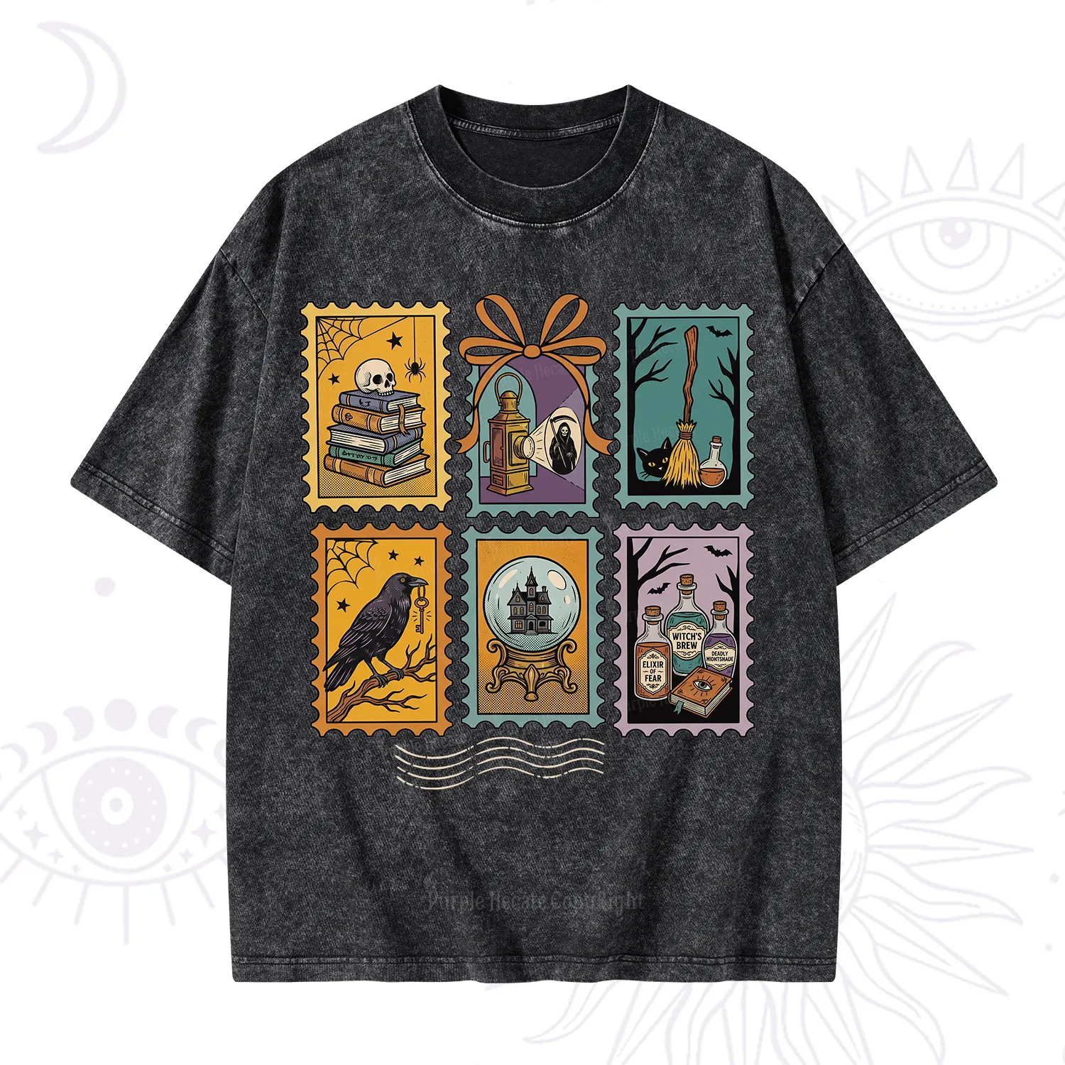 Purplehecate Halloween Witch Raven Castle Potions Washed T-Shirt