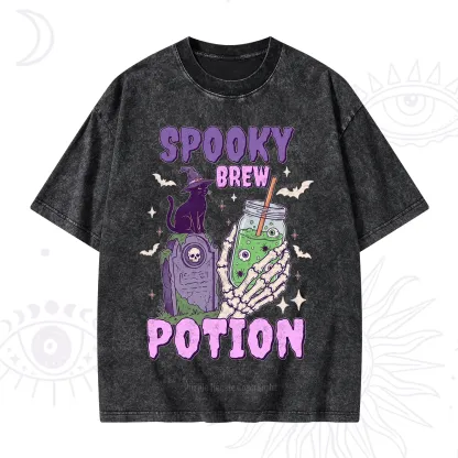 Purplehecate Spooky Brew Potion Halloween Washed T-Shirt
