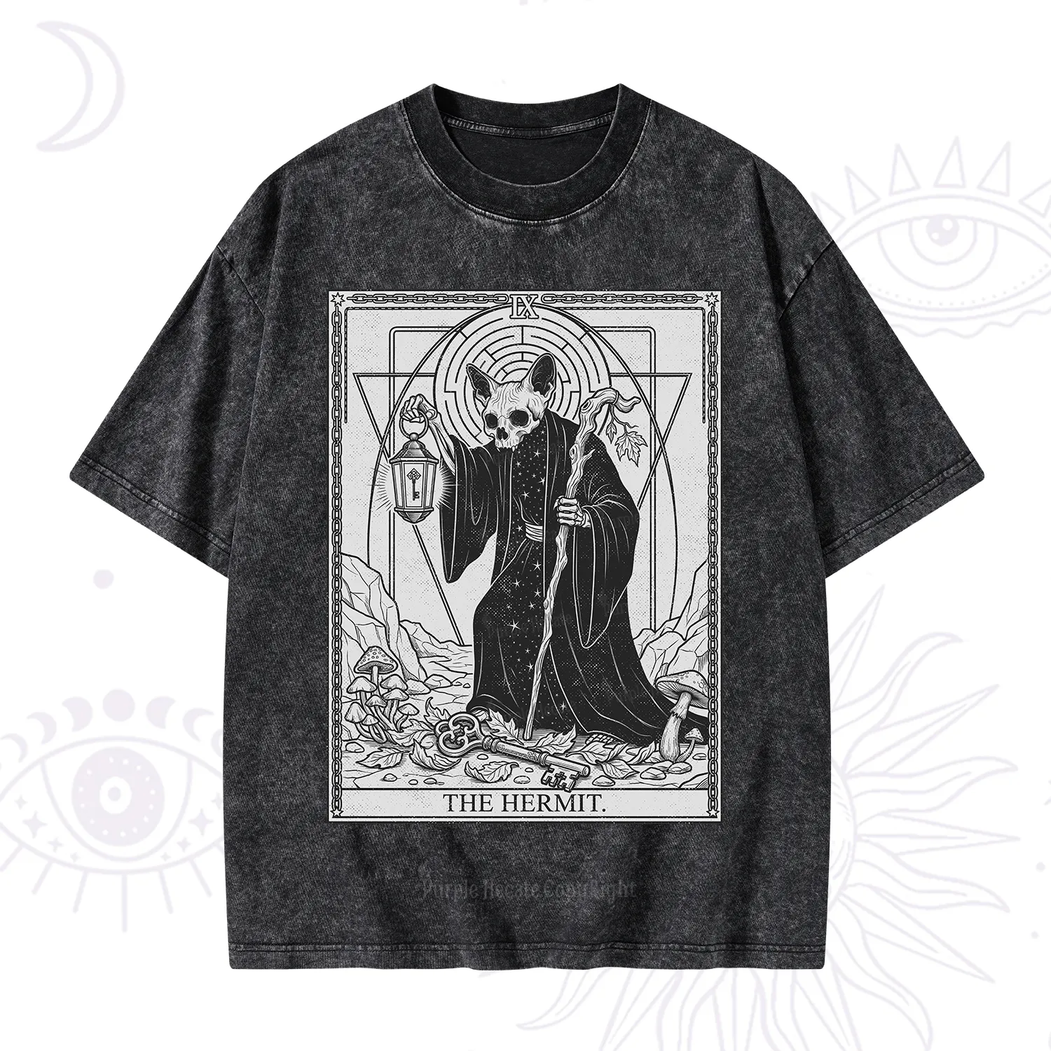Purplehecate The Hermit Skeleton Cat Tarot Washed T-Shirt