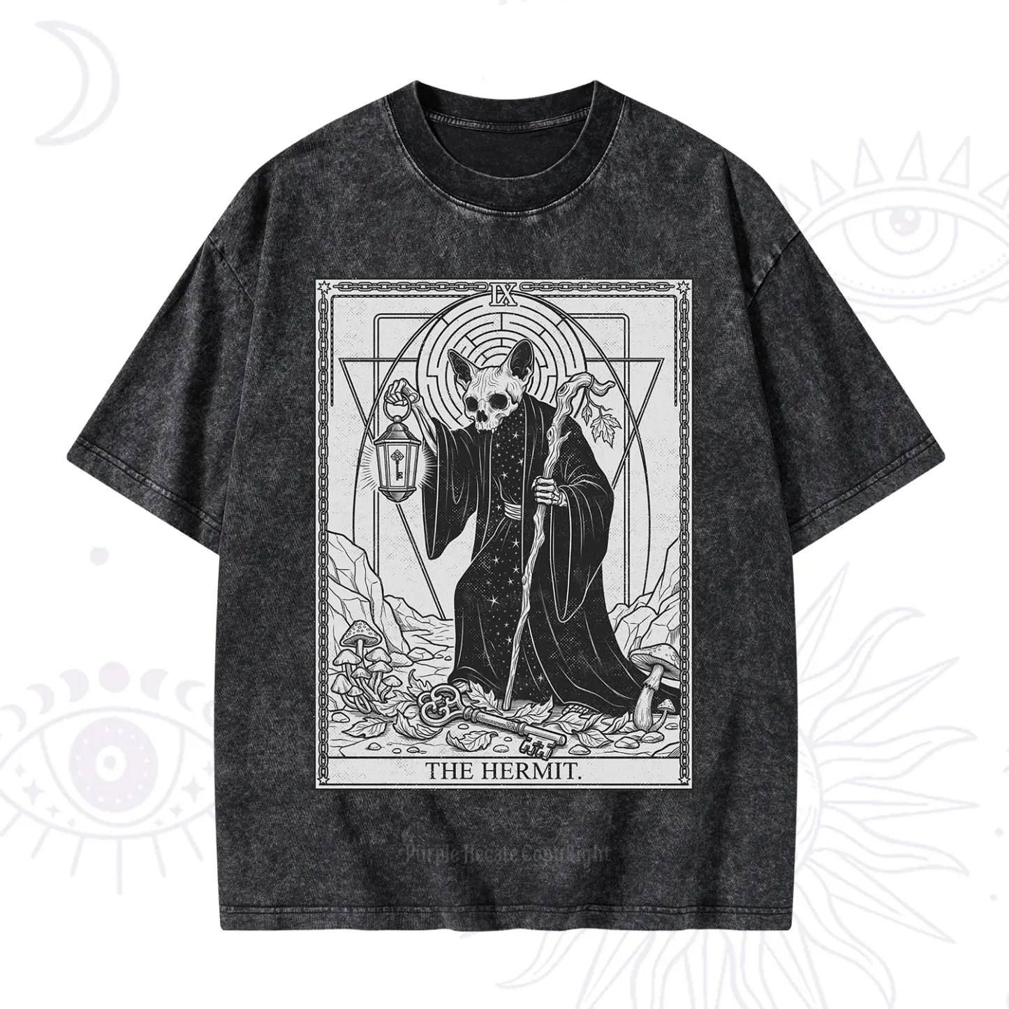 Purplehecate The Hermit Skeleton Cat Tarot Washed T-Shirt