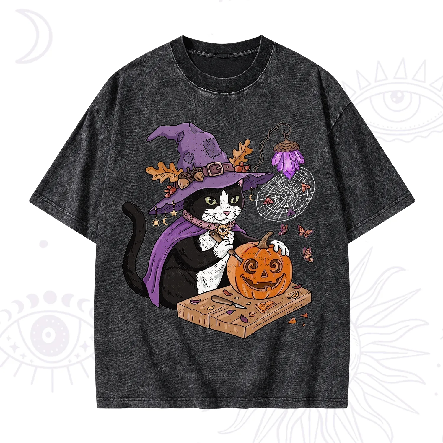 Purplehecate Pumpkin Carving Witch Cat Washed T-Shirt