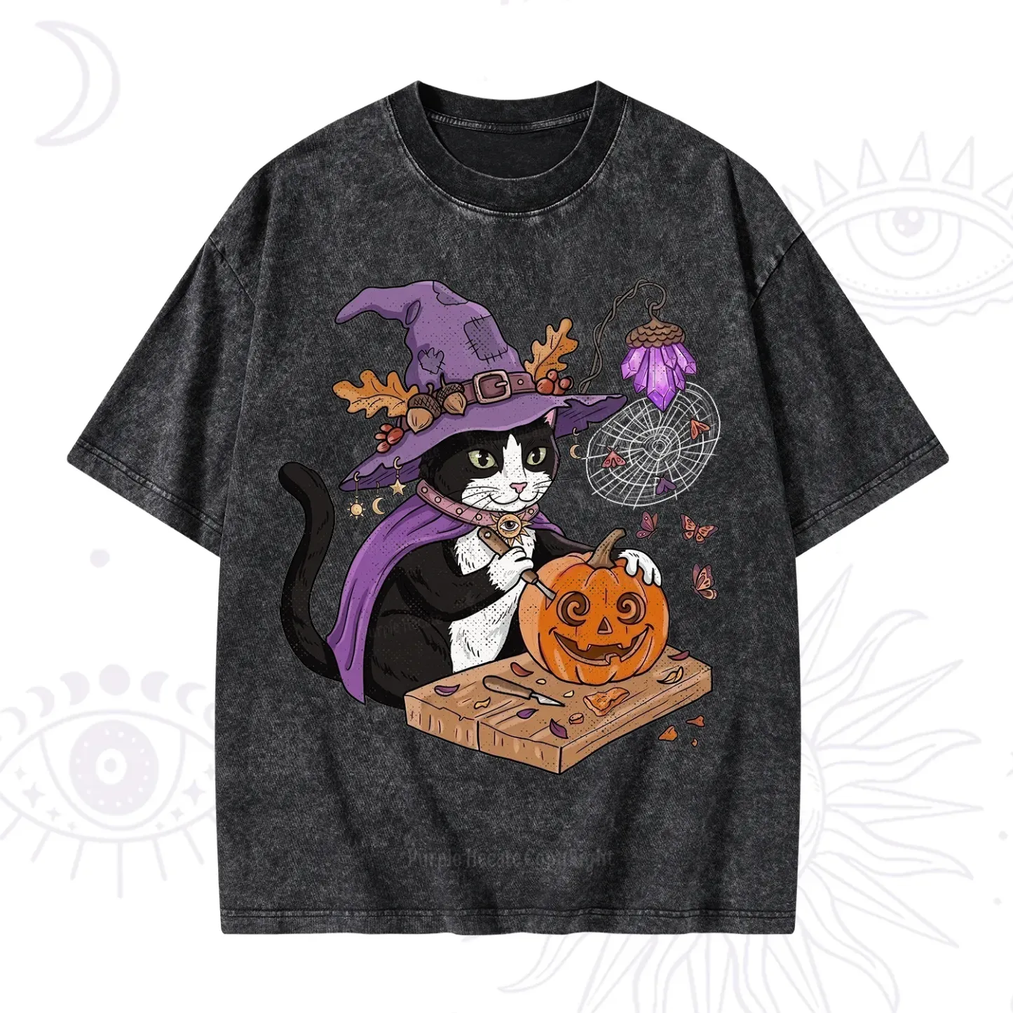 Purplehecate Pumpkin Carving Witch Cat Washed T-Shirt