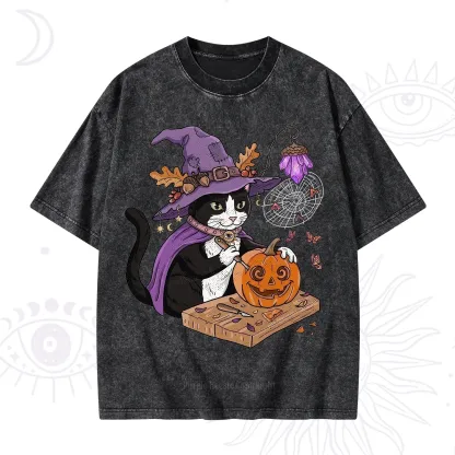 Purplehecate Pumpkin Carving Witch Cat Washed T-Shirt