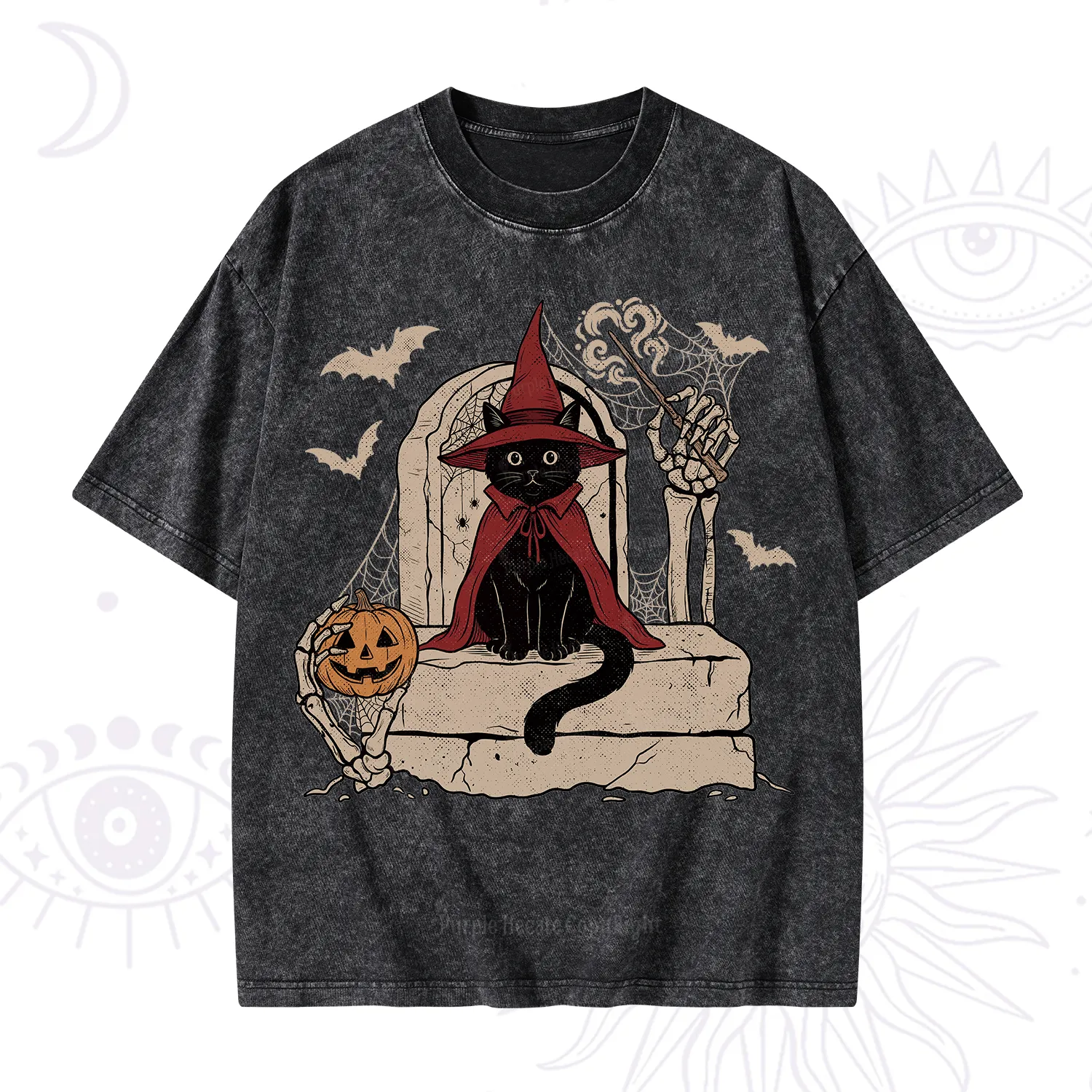 Purplehecate Wizard Black Cat on the Tombstone Halloween Washed T-Shirt